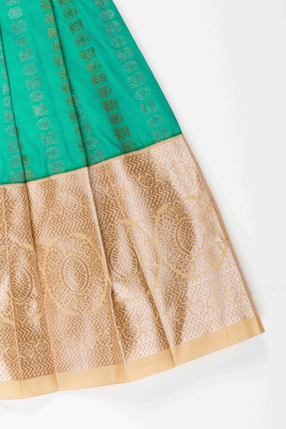 The Nesavu Girls Kanchi Silk Frock Baby Girl Kanchipuram Silk Frock for Weddings and Festive Celebrations Nesavu Nesavu baby girl kanchipuram silk frock in green and gold for weddings and festive wear