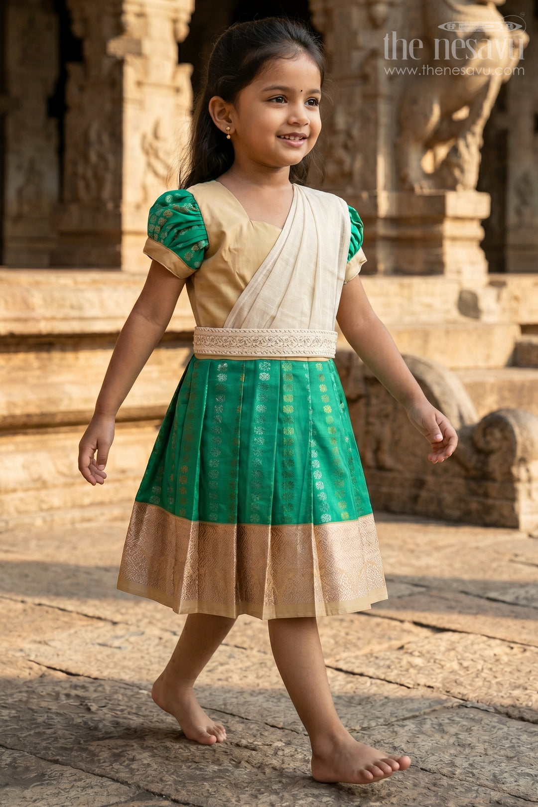 The Nesavu Girls Kanchi Silk Frock Baby Girl Kanchipuram Silk Frock for Weddings and Festive Celebrations Nesavu Nesavu baby girl kanchipuram silk frock in green and gold for weddings and festive wear