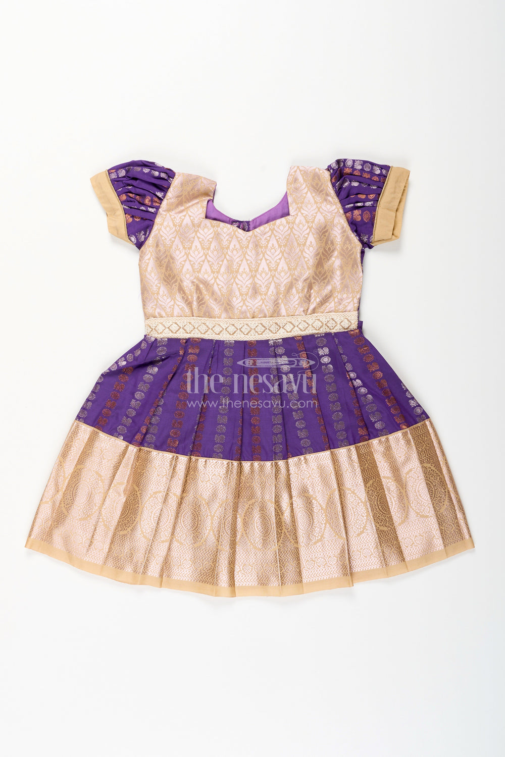 The Nesavu Girls Kanchi Silk Frock Baby girl kanchipuram silk frock for weddings and festive functions Nesavu 14 (6M) / Purple / Style 1 SF843EA-14 Nesavu baby girl kanchipuram silk frock in purple and gold for weddings and festive occasions