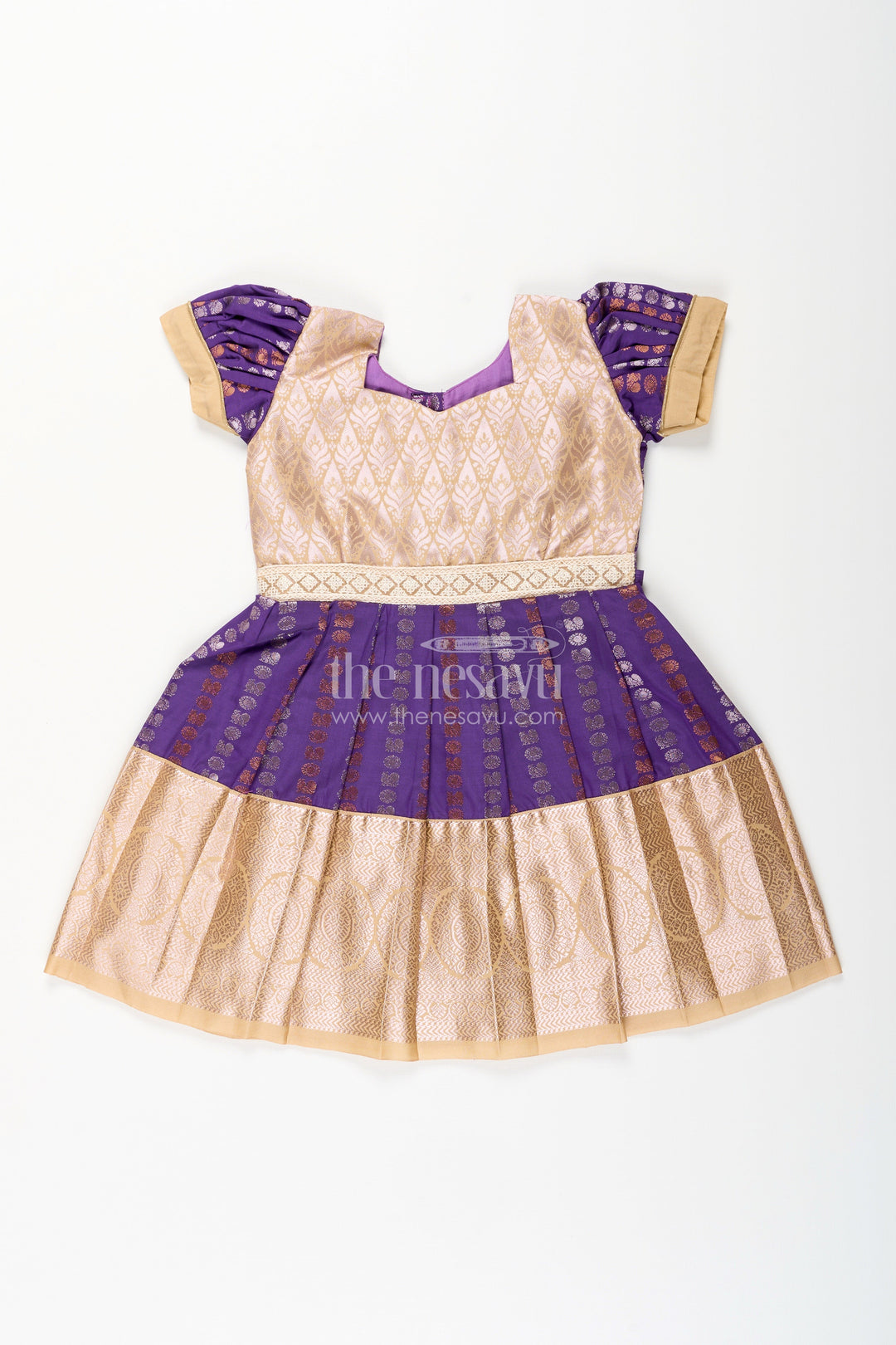 The Nesavu Girls Kanchi Silk Frock Baby girl kanchipuram silk frock for weddings and festive functions Nesavu 14 (6M) / Purple / Style 1 SF843EA-14 Nesavu baby girl kanchipuram silk frock in purple and gold for weddings and festive occasions