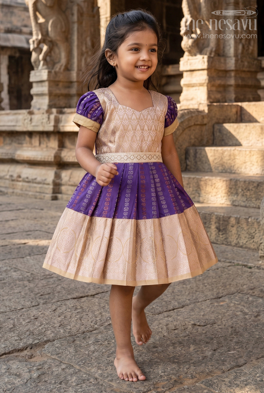 The Nesavu Girls Kanchi Silk Frock Baby Girl Kanchipuram Silk Frock for Weddings and Festive Functions Nesavu Nesavu baby girl kanchipuram silk frock in purple and gold for weddings and festive occasions
