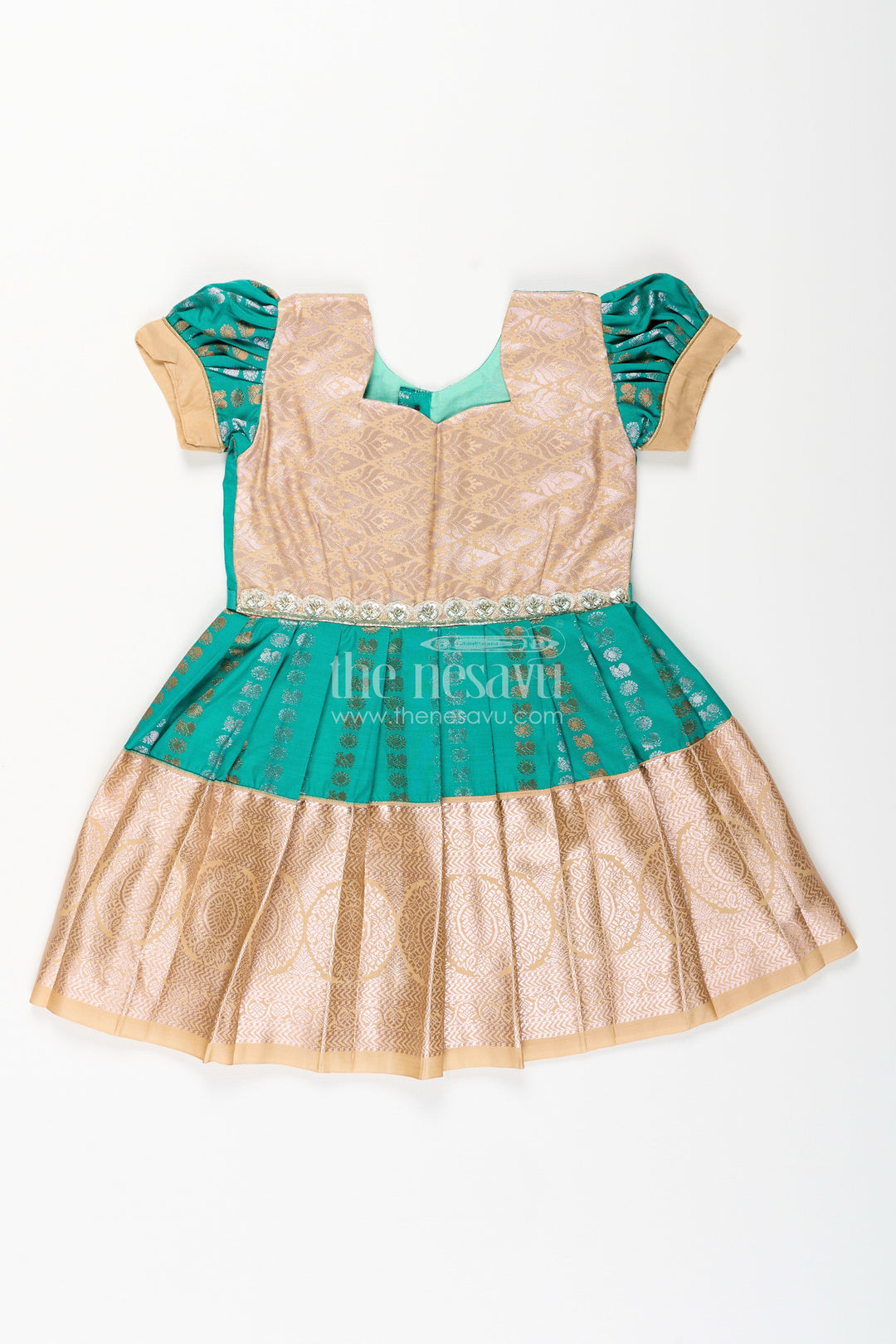 The Nesavu Girls Kanchi Silk Frock Baby girl kanchipuram silk frock for weddings and festive gatherings Nesavu 14 (6M) / Green / Style 1 SF843FA-14 Nesavu baby girl kanchipuram silk frock in green and gold with lace detail for festive wear