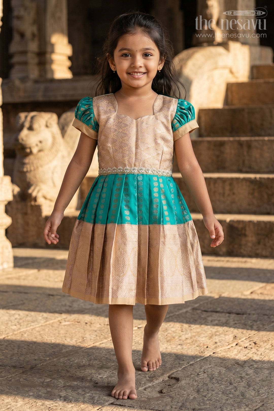 The Nesavu Girls Kanchi Silk Frock Baby Girl Kanchipuram Silk Frock for Weddings and Festive Gatherings Nesavu Nesavu baby girl kanchipuram silk frock in green and gold with lace detail for festive wear