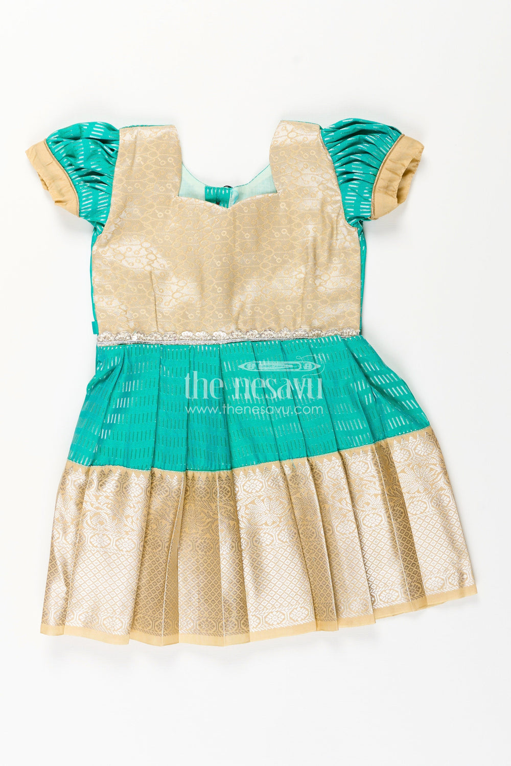 The Nesavu Girls Kanchi Silk Frock Baby Girl Kanchipuram Silk Frock for Weddings and Festive Occasions Nesavu 14 (6M) / Green / Style 1 SF848AA-14 Nesavu baby girl kanchipuram silk frock in green and gold with lace detail for festive celebrations