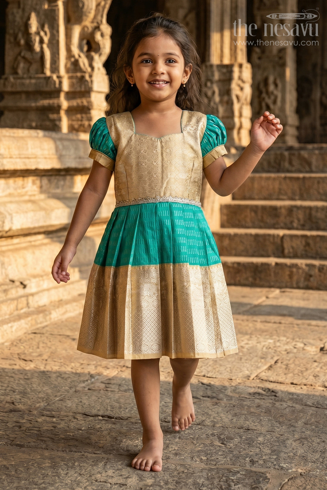 The Nesavu Girls Kanchi Silk Frock Baby Girl Kanchipuram Silk Frock for Weddings and Festive Occasions Nesavu Nesavu baby girl kanchipuram silk frock in green and gold with lace detail for festive celebrations