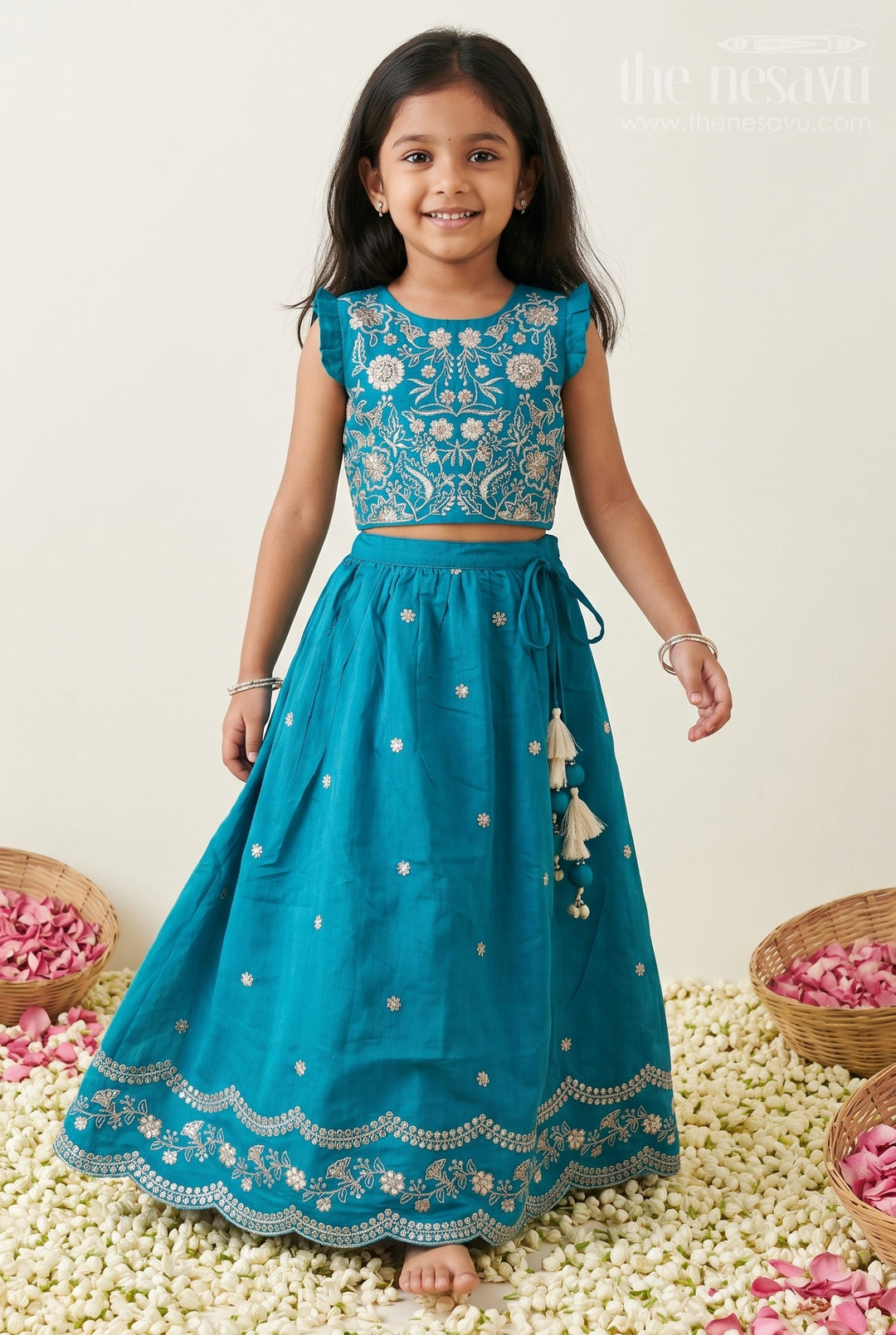 The Nesavu Girls Ethnic Lehenga Baby Girl Lehenga for Festive Celebrations and Family Gatherings Nesavu 24 (5Y) / Blue / Cotton Silk GL926B-24 Nesavu Baby Girl Silk Cotton Lehenga With Embroidery For Festive Celebrations And Family Gatherings