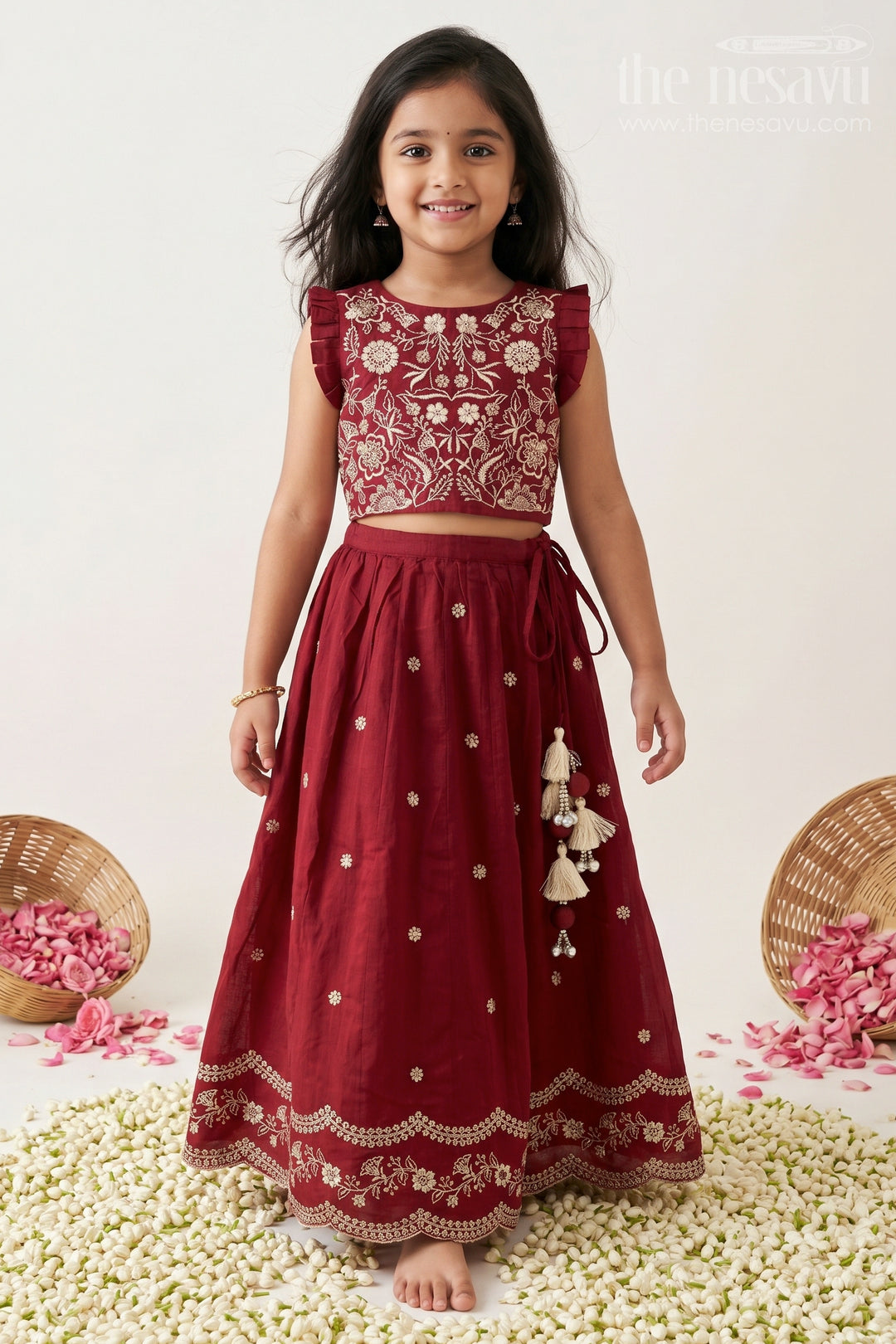 The Nesavu Girls Ethnic Lehenga Baby Girl Lehenga for Weddings and Festive Occasions Nesavu 24 (5Y) / Red / Cotton Silk GL926A-24 Nesavu Baby Girl Silk Cotton Lehenga With Thread Embroidery For Weddings And Festive Occasions
