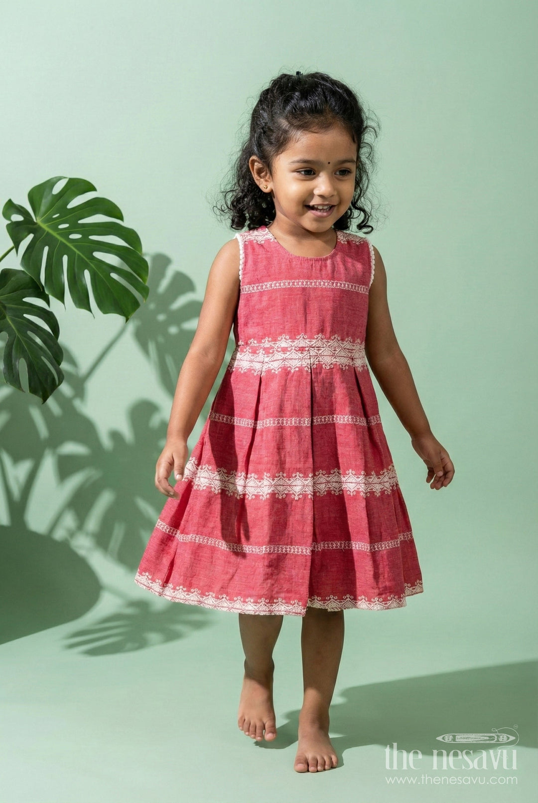 The Nesavu Girls Fancy Frock Baby Girl Maroon Cotton Blend Frock with White Thread Embroidery for Festive Events Nesavu 20 (3Y) / Pink GFC1932B-20 Nesavu baby girl maroon cotton blend frock white embroidery weddings festive wear