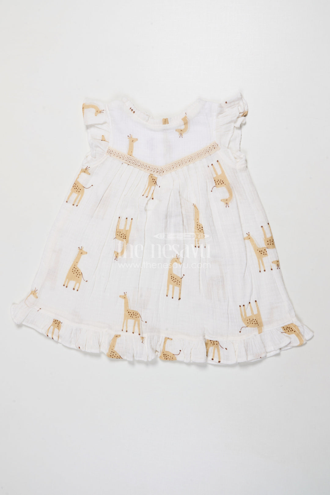 The Nesavu Girls Cotton Frock Baby Girl Muslin Cotton Frock with Giraffe Print for Casual Outings and Playdates Nesavu 18 (2Y) / Half white GFC2033A-18 Nesavu baby girl muslin cotton frock with giraffe print for everyday wear and outings