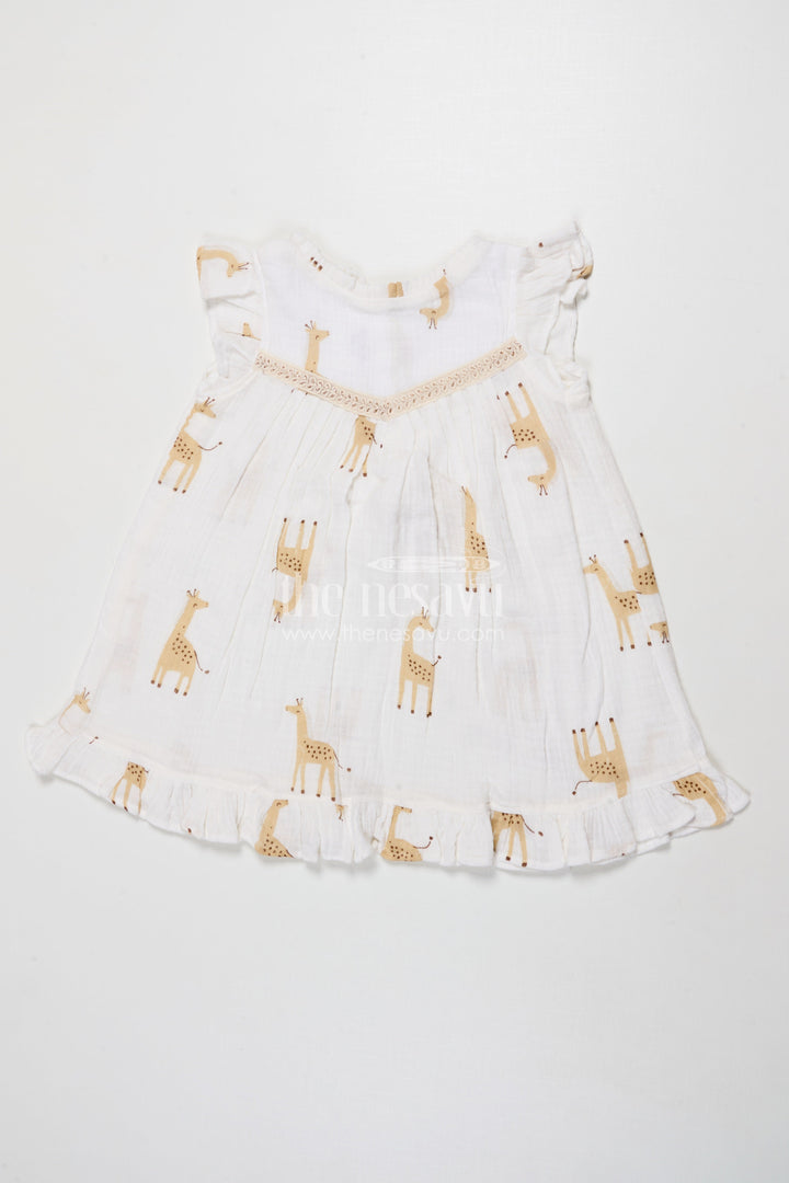 The Nesavu Girls Cotton Frock Baby Girl Muslin Cotton Frock with Giraffe Print for Casual Outings and Playdates Nesavu 18 (2Y) / Half white GFC2033A-18 Nesavu baby girl muslin cotton frock with giraffe print for everyday wear and outings