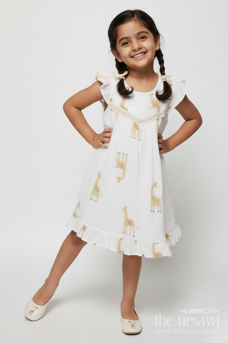 The Nesavu Girls Cotton Frock Baby Girl Muslin Cotton Frock with Giraffe Print for Casual Outings and Playdates Nesavu 18 (2Y) / Half white GFC2033A-18 Nesavu baby girl muslin cotton frock with giraffe print for everyday wear and outings