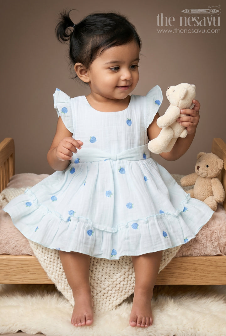 The Nesavu Baby Cotton Frocks Baby Girl Muslin Frock for Holiday Photos and Playful Days Nesavu 14 (6M) / Blue / Muslin Cotton BFJ1010B-14 Nesavu Baby Girl Muslin Cotton Frock With Embroidered Details For Holidays And Celebrations