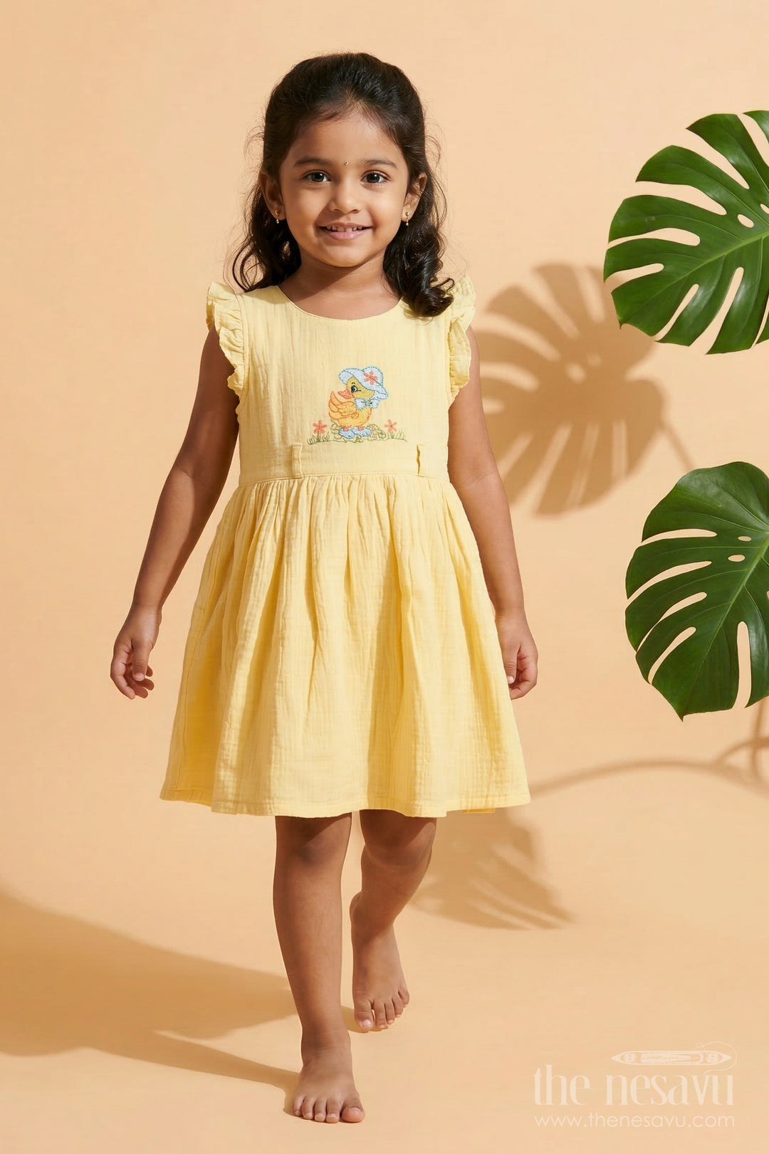 The Nesavu Girls Cotton Frock Baby Girl Muslin Frock with Embroidery for Everyday Cuteness and Gifting Nesavu 20 (3Y) / Yellow / Cotton GFC2106A-20 Nesavu baby girl muslin cotton frock with embroidery and headband for playdates and casual wear