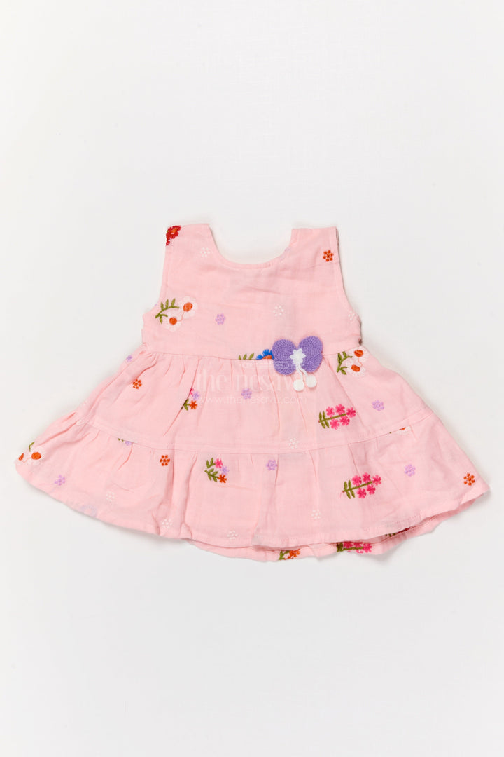 The Nesavu Baby Cotton Frocks Baby Girl Muslin Frock with Floral Embroidery for Everyday Comfort Nesavu 14 (6M) / Peach / Cotton Blend BFJ910C-14 Nesavu muslin cotton frock with butterfly motif and floral threadwork for baby girls