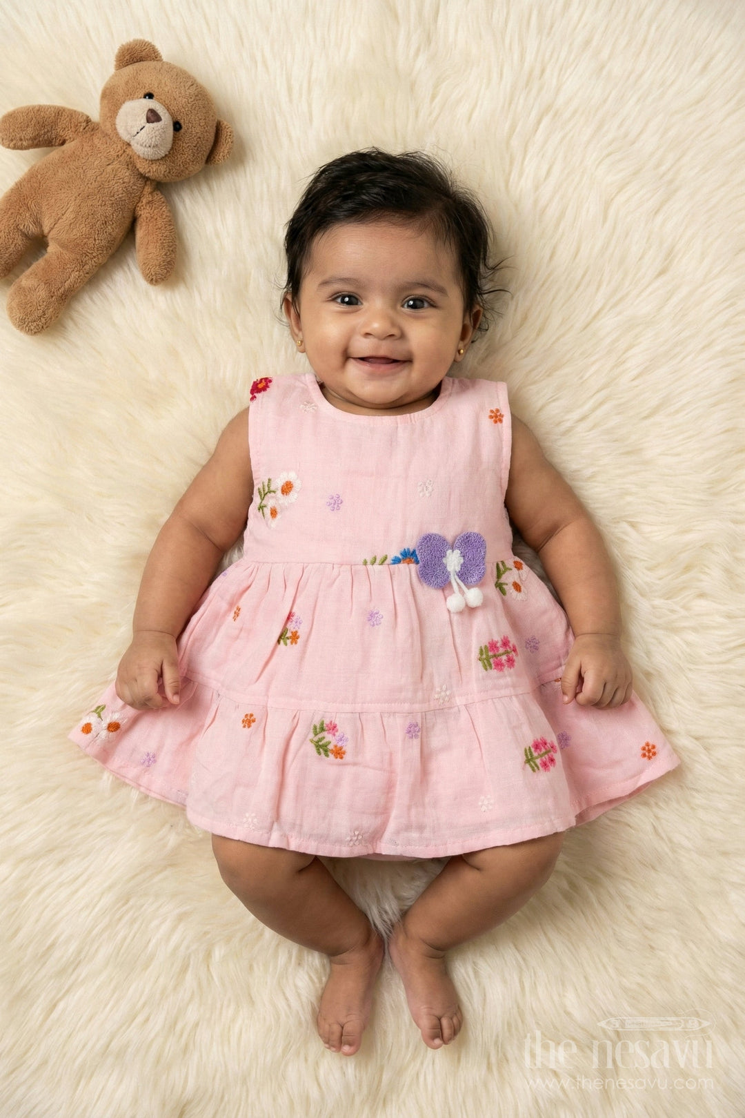 The Nesavu Baby Cotton Frocks Baby Girl Muslin Frock with Floral Embroidery for Everyday Comfort Nesavu 14 (6M) / Peach / Cotton Blend BFJ910C-14 Nesavu muslin cotton frock with butterfly motif and floral threadwork for baby girls