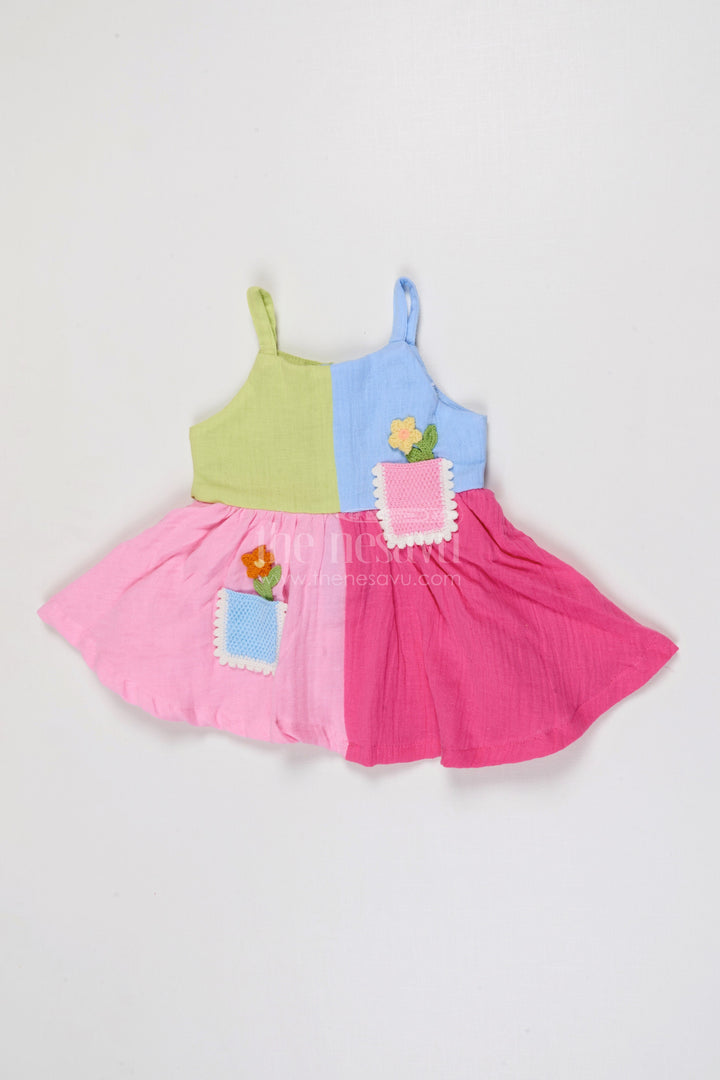 The Nesavu Baby Frocks Baby Girl Muslin Frock with Patch Details for Outings Nesavu 14 (6M) / Green / Muslin Cotton BFJ954A-14 Nesavu Baby Girl Muslin Cotton Frock With Patch Pockets For Outings And Casual Wear