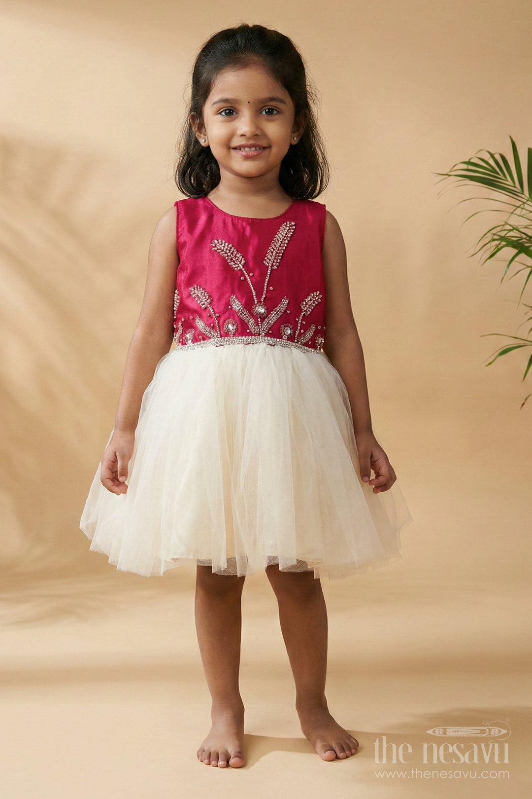 The Nesavu Girls Fancy Party Frock Baby Girl Net Frock with Satin Embroidery for Birthdays and Evening Parties Nesavu Nesavu baby girl party frock satin embroidery net flare birthdays special occasions