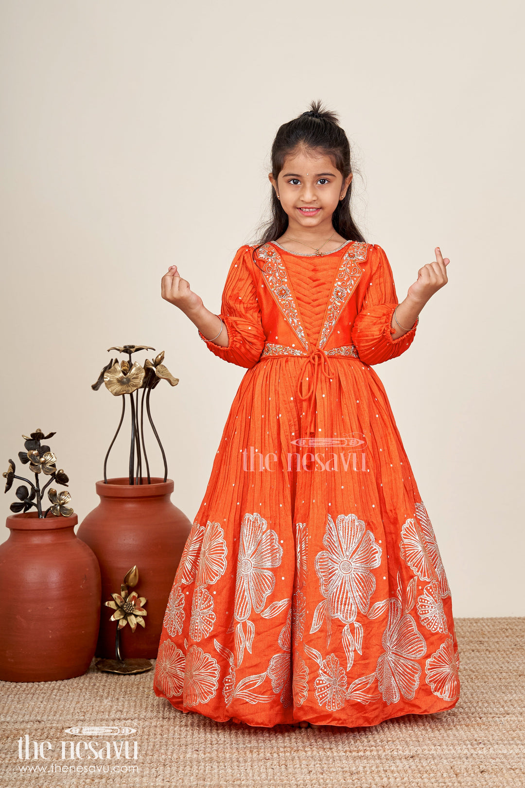 The Nesavu Girls Casual Gown Baby Girl Orange Gown For Festive Celebrations Ethnic Stone Embellished Sibling Dress Nesavu 24 (5Y) / Orange GA364C-24 Nesavu Baby Girl Orange Gown Festive Celebrations Ethnic Stone Embellished Georgette Dress