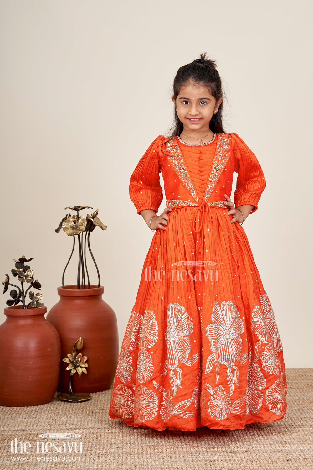 The Nesavu Girls Casual Gown Baby Girl Orange Gown For Festive Celebrations Ethnic Stone Embellished Sibling Dress Nesavu Nesavu Baby Girl Orange Gown Festive Celebrations Ethnic Stone Embellished Georgette Dress