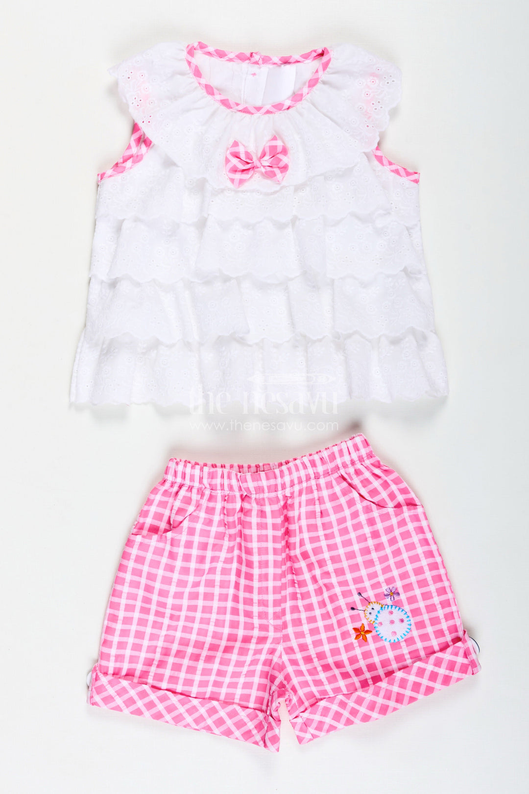 The Nesavu Baby Casual Sets Baby Girl Outfit Checked Shorts with Embroidered Yoke Nesavu 14 (6M) / Pink BFJ817A-14 Nesavu Soft Cotton Baby Girl Casual Set Embroidered Yoke Gingham Pink Shorts Playtime