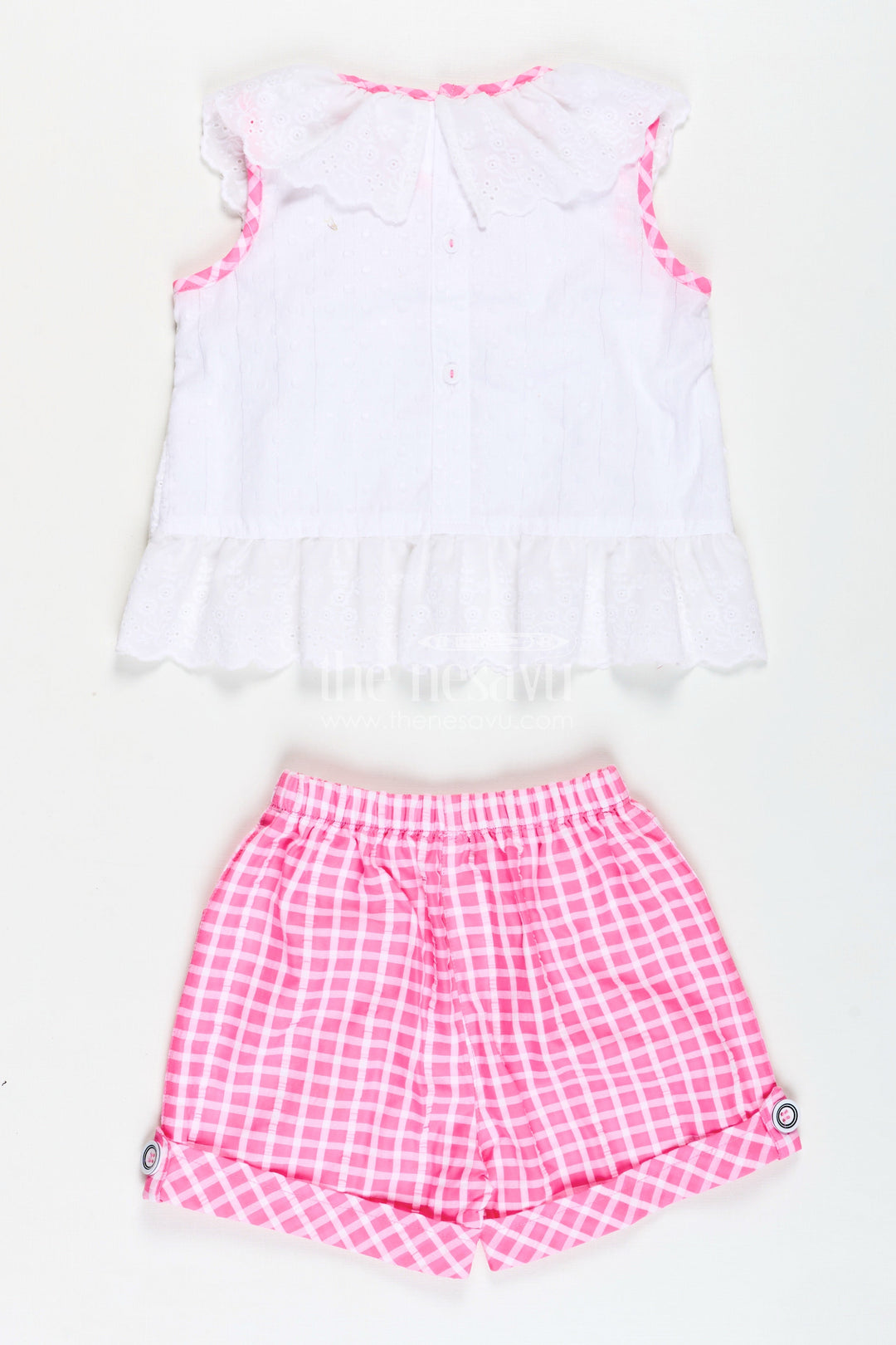 The Nesavu Baby Casual Sets Baby Girl Outfit Checked Shorts with Embroidered Yoke Nesavu Nesavu Soft Cotton Baby Girl Casual Set Embroidered Yoke Gingham Pink Shorts Playtime
