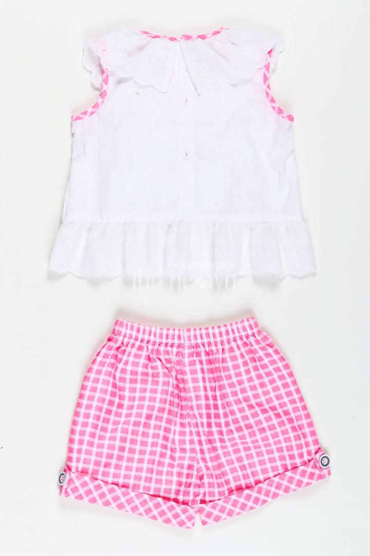 The Nesavu Baby Casual Sets Baby Girl Outfit Checked Shorts with Embroidered Yoke Nesavu Nesavu Soft Cotton Baby Girl Casual Set Embroidered Yoke Gingham Pink Shorts Playtime