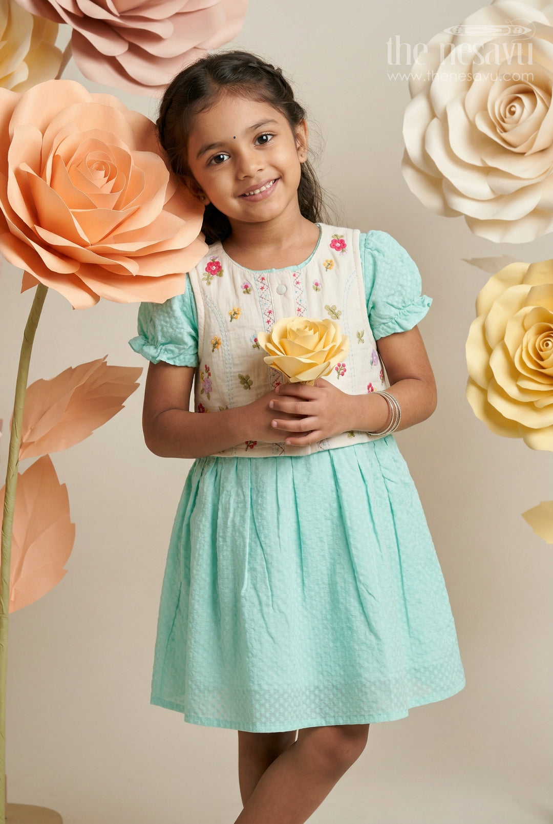 The Nesavu Girls Cotton Frock Baby Girl Outfit with Embroidered Jacket for Festive Wear and Outings Nesavu 20 (3Y) / Green / Cotton GFC2185B-20 Nesavu Baby Girl Outfit With Embroidered Jacket For Festive Wear And Outings In Soft Cotton Comfort