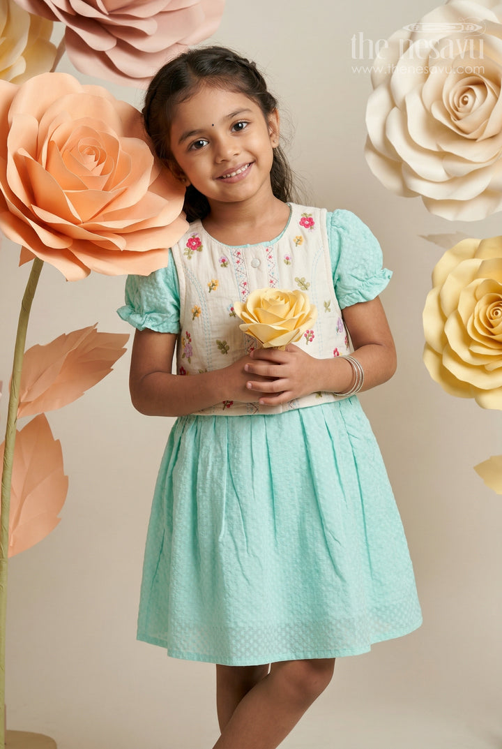 The Nesavu Girls Cotton Frock Baby Girl Outfit with Embroidered Jacket for Festive Wear and Outings Nesavu 20 (3Y) / Green / Cotton GFC2185B-20 Nesavu Baby Girl Outfit With Embroidered Jacket For Festive Wear And Outings In Soft Cotton Comfort