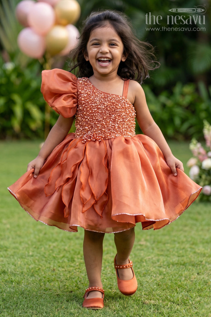 The Nesavu Girls Fancy Party Frock Baby Girl Party Frock for Birthdays and Special Celebrational Event Nesavu 16 (1Y) / Orange / Satin PF296A-16 Nesavu baby girl satin party frock with bead embroidery for birthdays and special celebrations