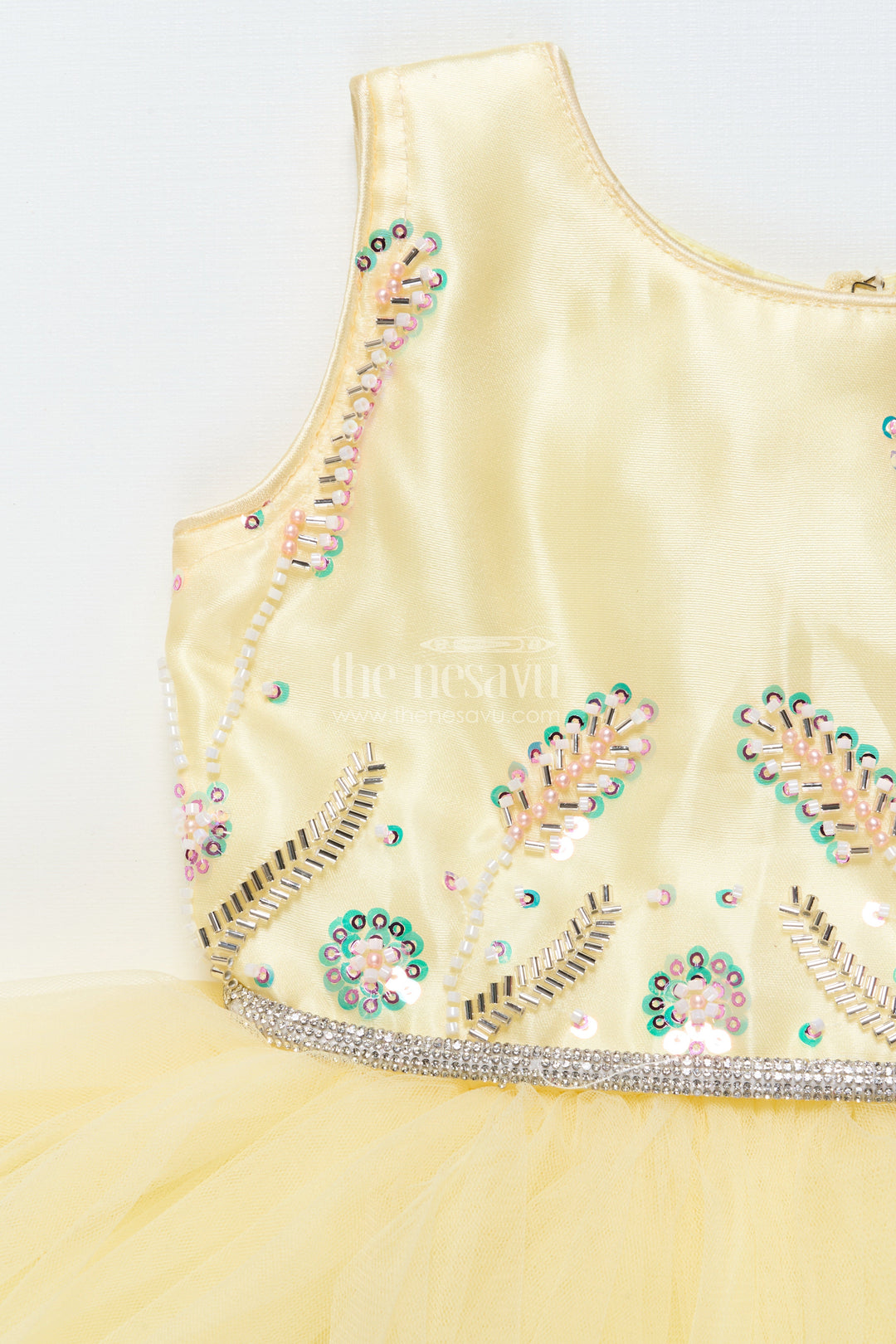 The Nesavu Girls Fancy Party Frock Baby Girl Party Frock with Beaded Yoke and Fluffy Net Skirt Nesavu Nesavu baby girl yellow party frock with bead-embellished satin bodice and net skirt