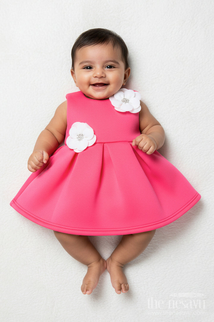 The Nesavu Girls Fancy Party Frock Baby Girl Party Frock with Floral Embellishments for Birthdays Nesavu 14 (6M) / Pink PF259A-14 Nesavu baby girl birthday party frock floral detailing soft scuba fabric