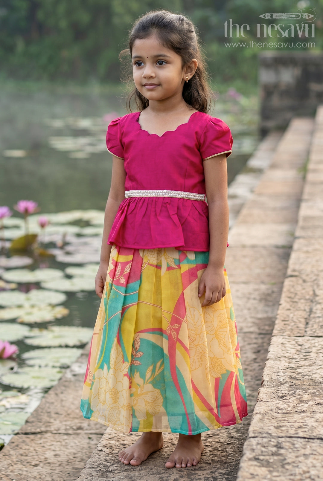 The Nesavu Pattu Pavadai Baby Girl Pattu Pavadai Dress for Festive Family Moments Nesavu 18 (2Y) / Pink / Semi Banarasi GPP391A-18 Nesavu Baby Girl Pattu Pavadai Dress With Floral Digital Print For Festive Celebrations