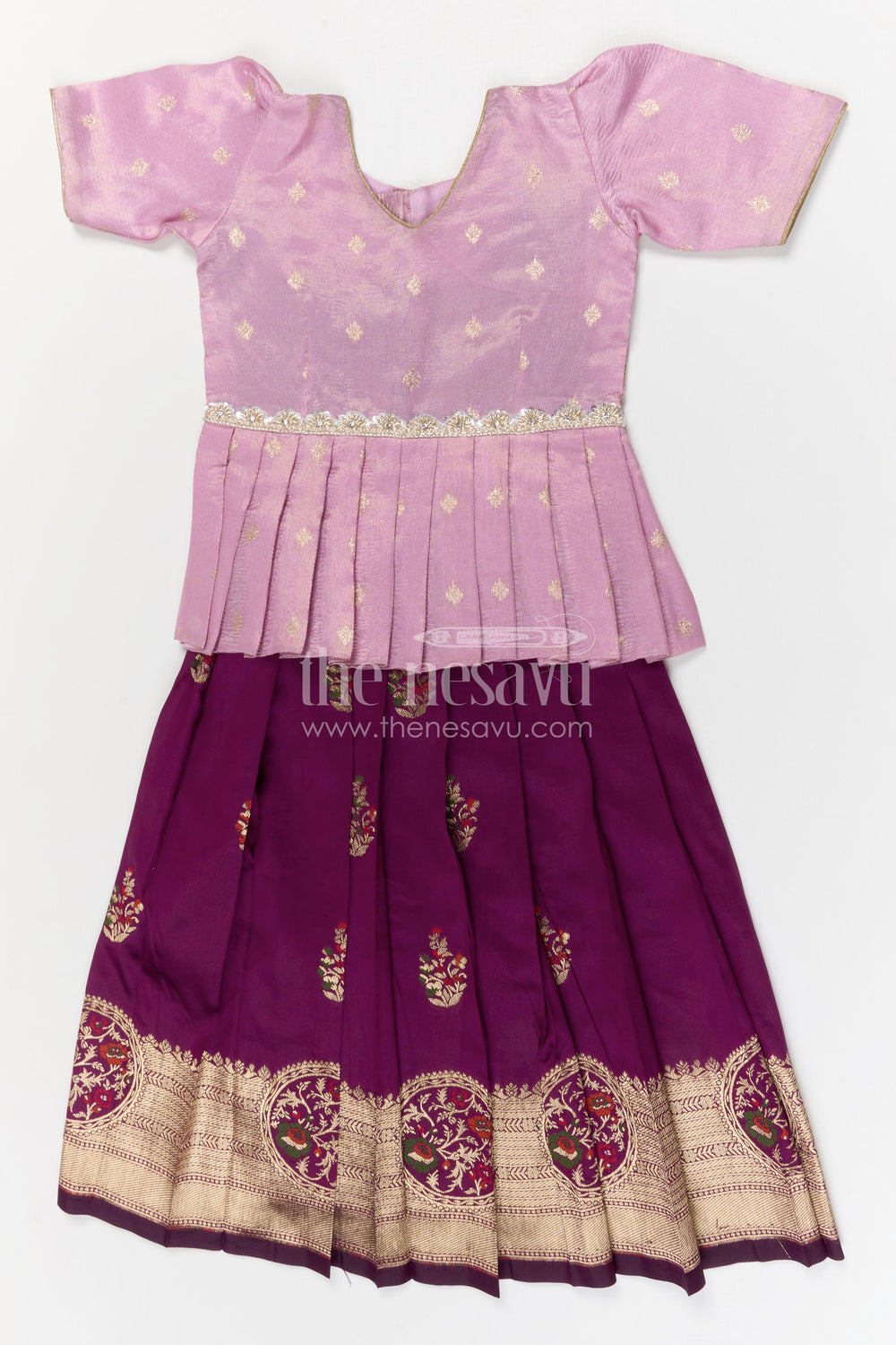 The Nesavu Pattu Pavadai Baby Girl Pattu Pavadai for Festivals and Temple Celebrations Nesavu 18 (2Y) / Purple / Banarasi GPP373A-18 Nesavu baby girl Banaras art silk pattu pavadai for festivals and temple visits with grand border