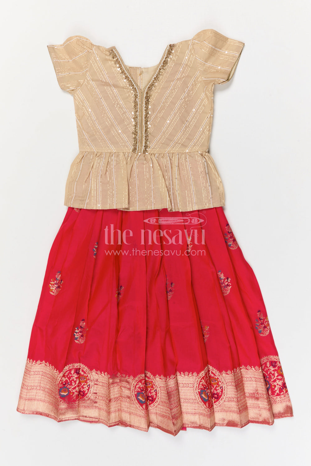 The Nesavu Pattu Pavadai Baby Girl Pattu Pavadai for Festivals and Temple Visits Nesavu 18 (2Y) / Red / Banarasi GPP372A-18 Nesavu baby girl Banaras art silk pattu pavadai for festivals and temple visits with grand zari border