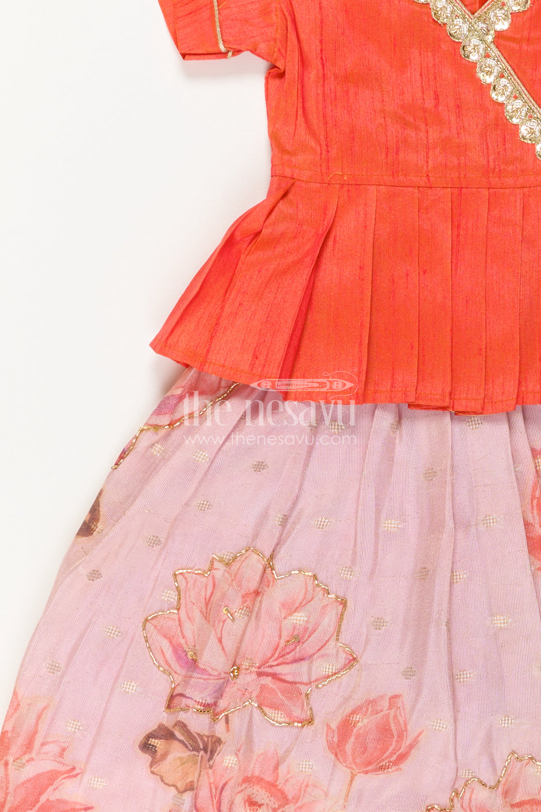 The Nesavu Pattu Pavadai Baby Girl Pattu Pavadai for Festive Celebrations and Family Photos Nesavu Nesavu Baby Girl Pattu Pavadai With Floral Skirt And Beads Embroidery For Festive Occasions