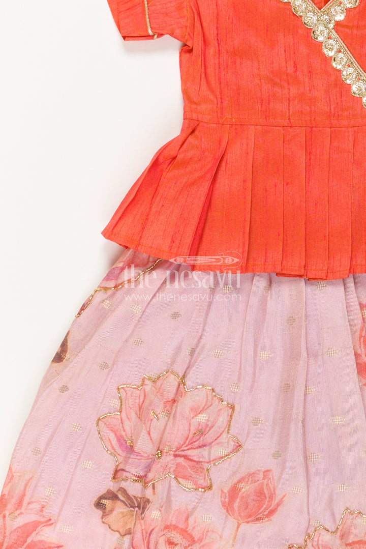 The Nesavu Pattu Pavadai Baby Girl Pattu Pavadai for Festive Celebrations and Family Photos Nesavu Nesavu Baby Girl Pattu Pavadai With Floral Skirt And Beads Embroidery For Festive Occasions