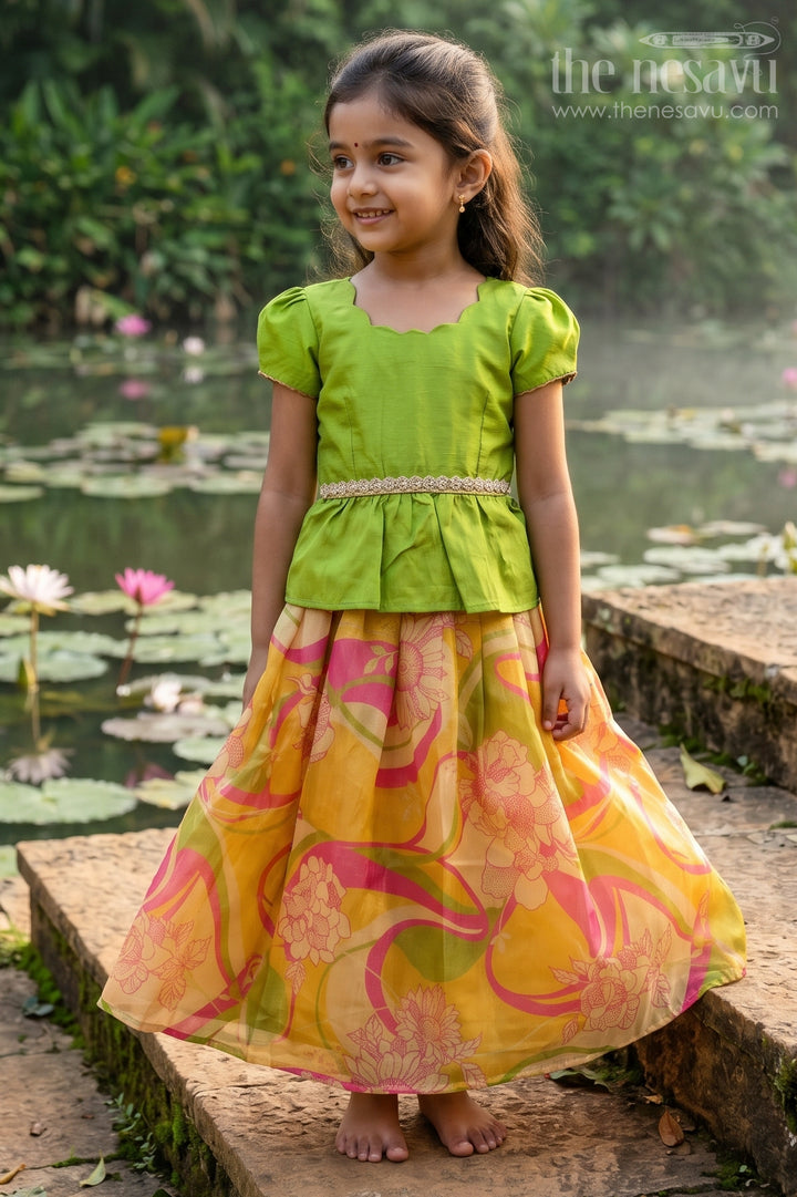 The Nesavu Pattu Pavadai Baby Girl Pattu Pavadai for Festive Family Celebrations Nesavu 18 (2Y) / Green / Semi Banarasi GPP391B-18 Nesavu Baby Girl Pattu Pavadai With Vibrant Digital Prints For Festive Family Functions