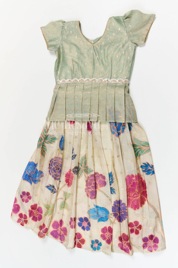 The Nesavu Pattu Pavadai Baby Girl Pattu Pavadai for Festive Occasions and Traditional Wear Nesavu 20 (3Y) / Green / Banarasi GPP376A-20 Nesavu baby girl pattu pavadai for festive occasions with semi banaras silk and digital print traditional outfit