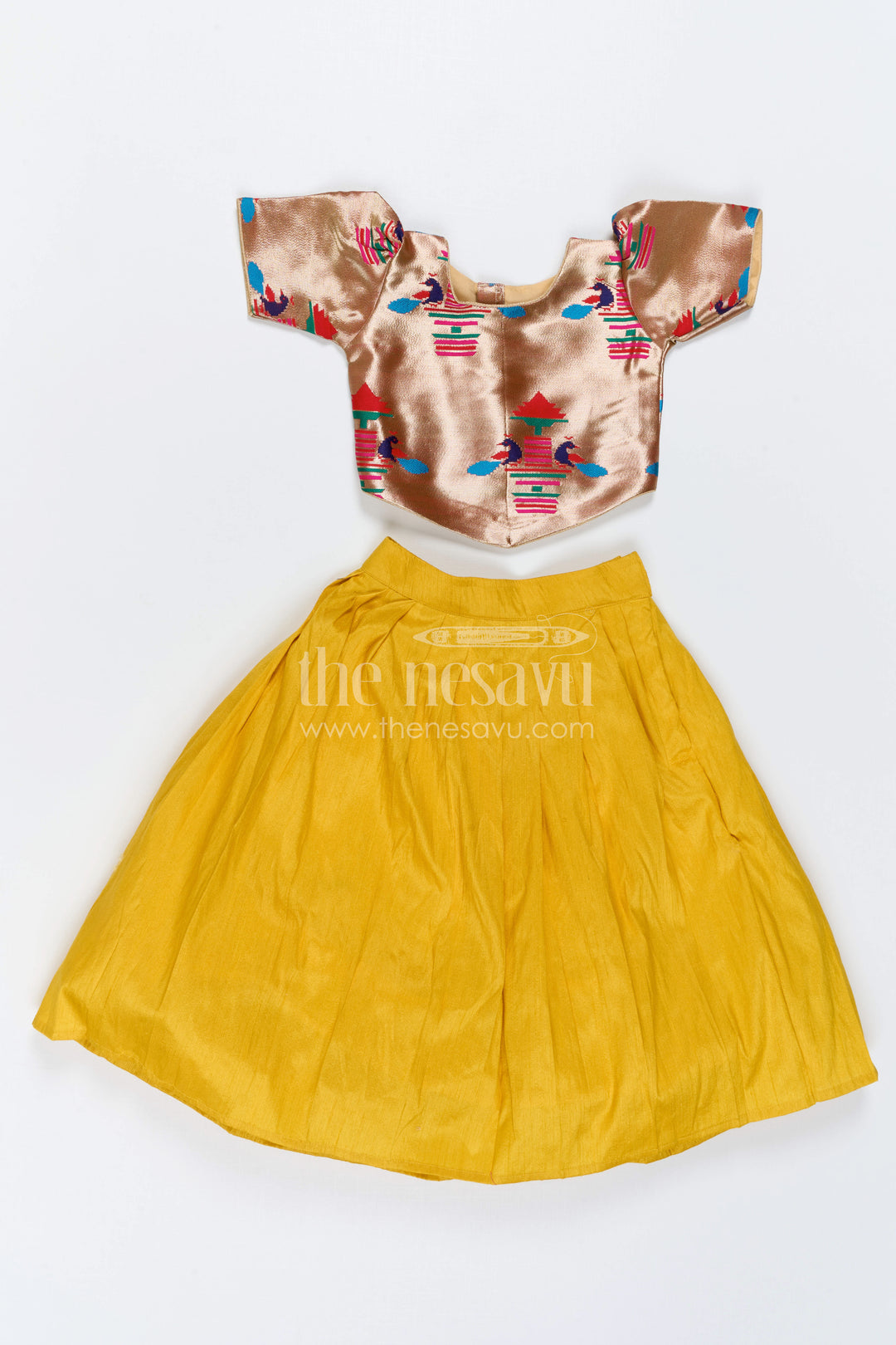 The Nesavu Pattu Pavadai Baby Girl Pattu Pavadai for Naming Ceremony and Festive Photos Nesavu 18 (2Y) / Yellow / Raw Silk GPP393A-18 Nesavu Baby Girl Pattu Pavadai With Paithani Blouse For Festive And Wedding Celebrations