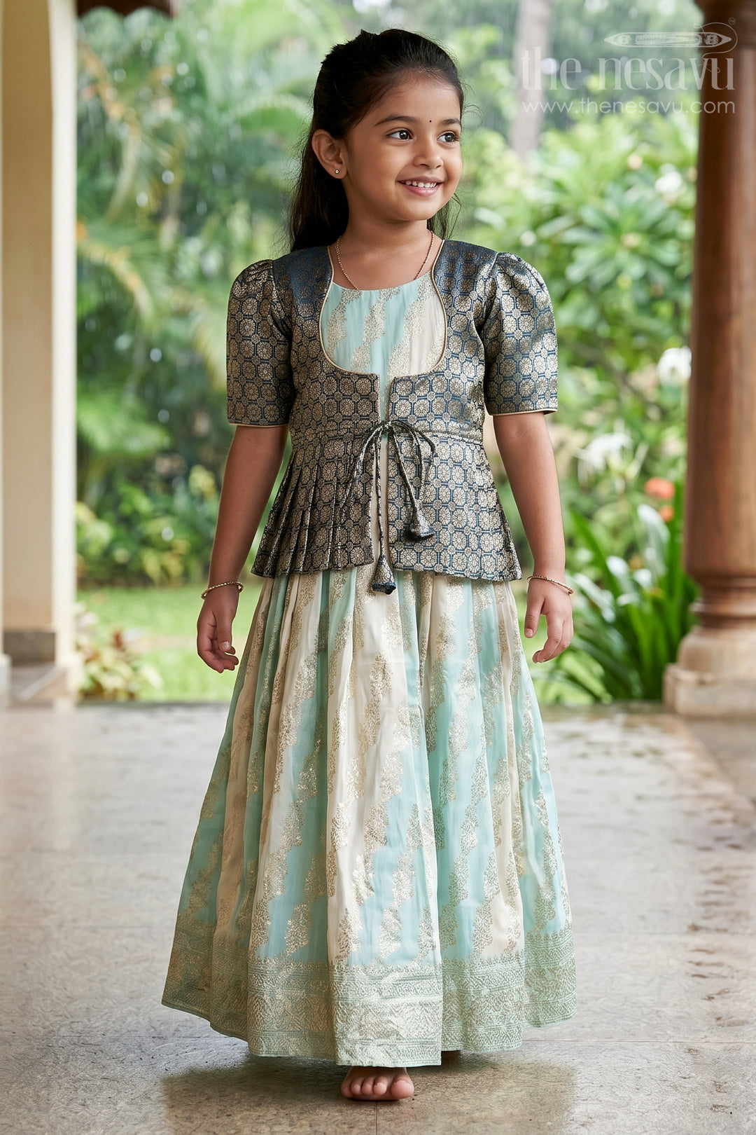 The Nesavu Pattu Pavadai Baby Girl Pattu Pavadai for Naming Ceremony and Traditional Functions Nesavu 18 (2Y) / Green GPP331A-18 Nesavu baby girl pattu pavadai semi Banaras silk jacket blouse naming ceremony