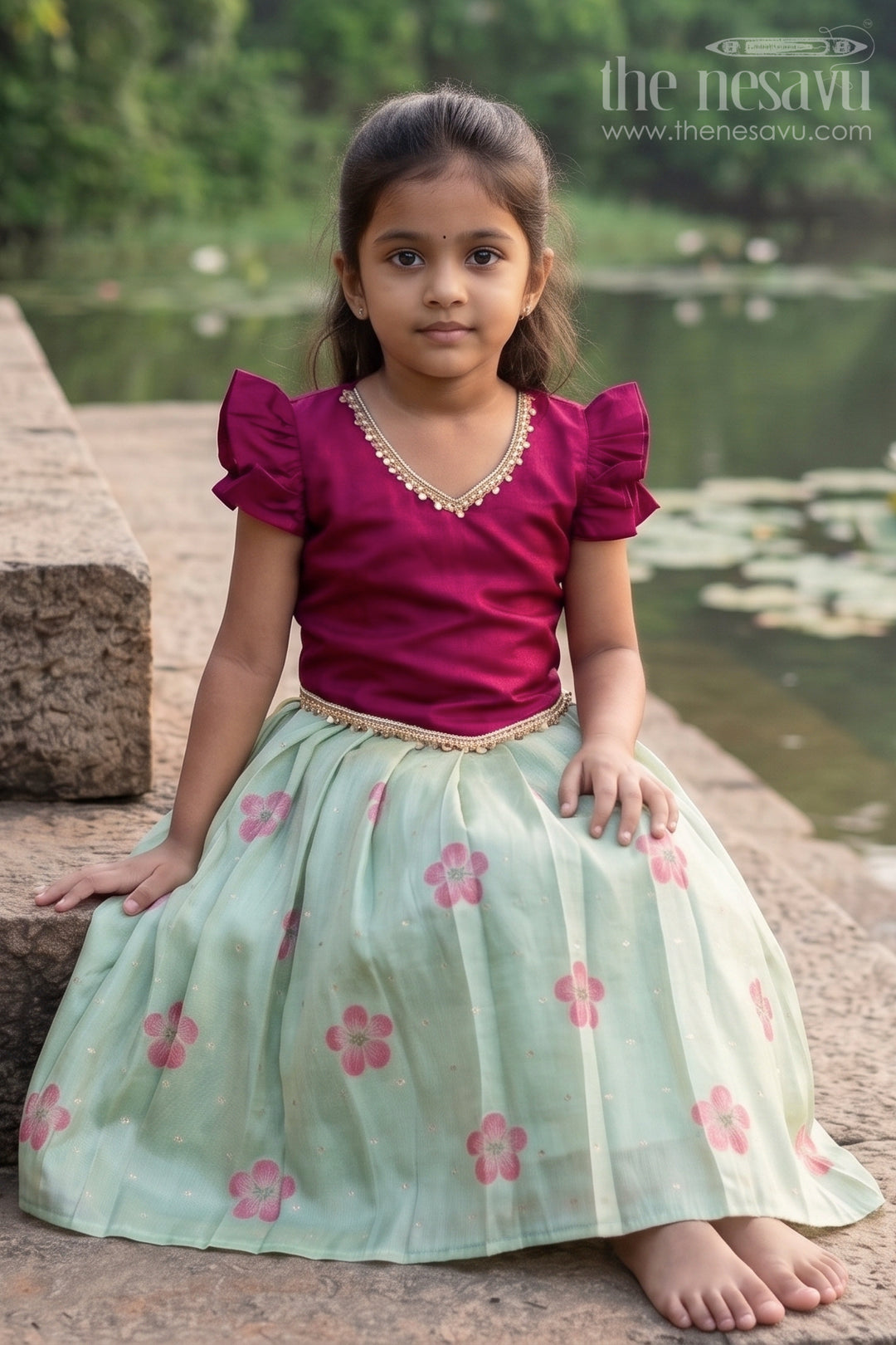 The Nesavu Pattu Pavadai Baby Girl Pattu Pavadai for Small Functions and Festive Wear Nesavu 18 (2Y) / Green / Semi Banarasi GPP389B-18 Nesavu Baby Girl Pattu Pavadai For Small Functions Semi Banaras Silk With Digital Print Ethnic Outfit