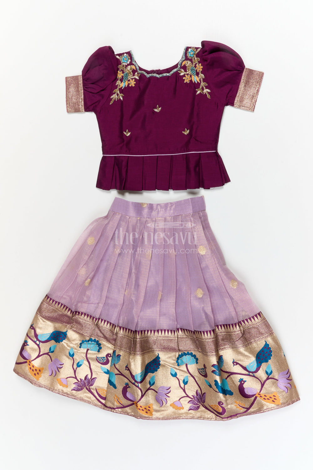 The Nesavu Pattu Pavadai Baby Girl Pattu Pavadai for Temple Visits and Traditional Festivals Nesavu 16 (1Y) / Red / Silk Blend GPP367C-16 Nesavu baby girl pattu pavadai with zari border and embroidered blouse for temple and festive occasions