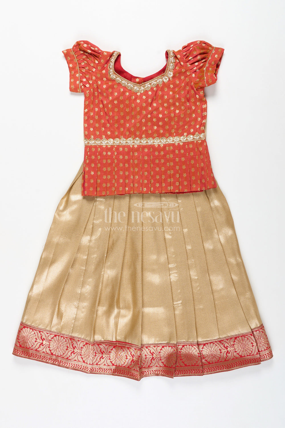 The Nesavu Pattu Pavadai Baby Girl Pattu Pavadai for Traditional Events and Temple Visits Nesavu 18 (2Y) / Red GPP319A-18 Nesavu baby girl pattu pavadai traditional occasions golden tissue skirt
