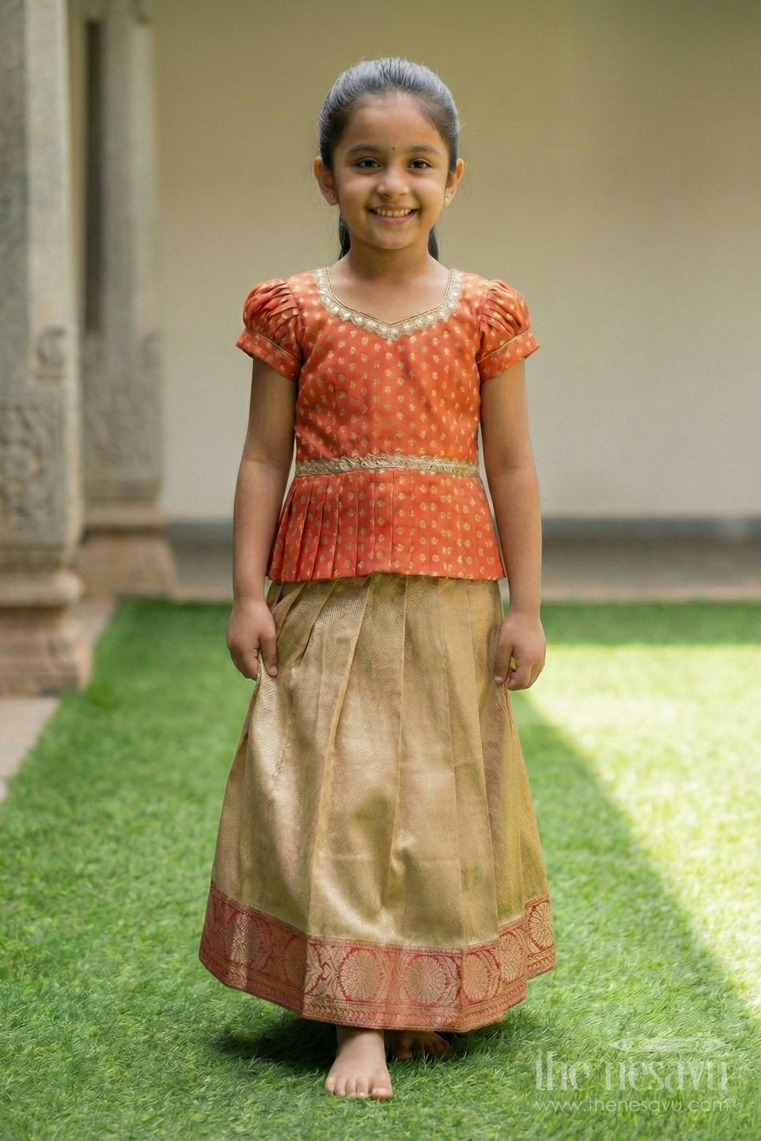 The Nesavu Pattu Pavadai Baby Girl Pattu Pavadai for Traditional Events and Temple Visits Nesavu Nesavu baby girl pattu pavadai traditional occasions golden tissue skirt