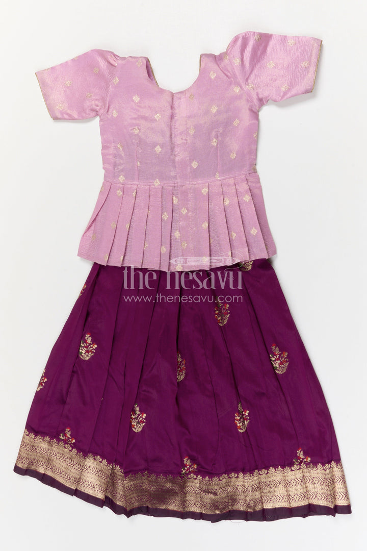 The Nesavu Pattu Pavadai Baby Girl Pattu Pavadai for Traditional Functions and Weddings Nesavu 20 (3Y) / Purple / Banarasi GPP373B-20 Nesavu baby girl pattu pavadai for weddings and festive occasions with Banaras art silk zari border