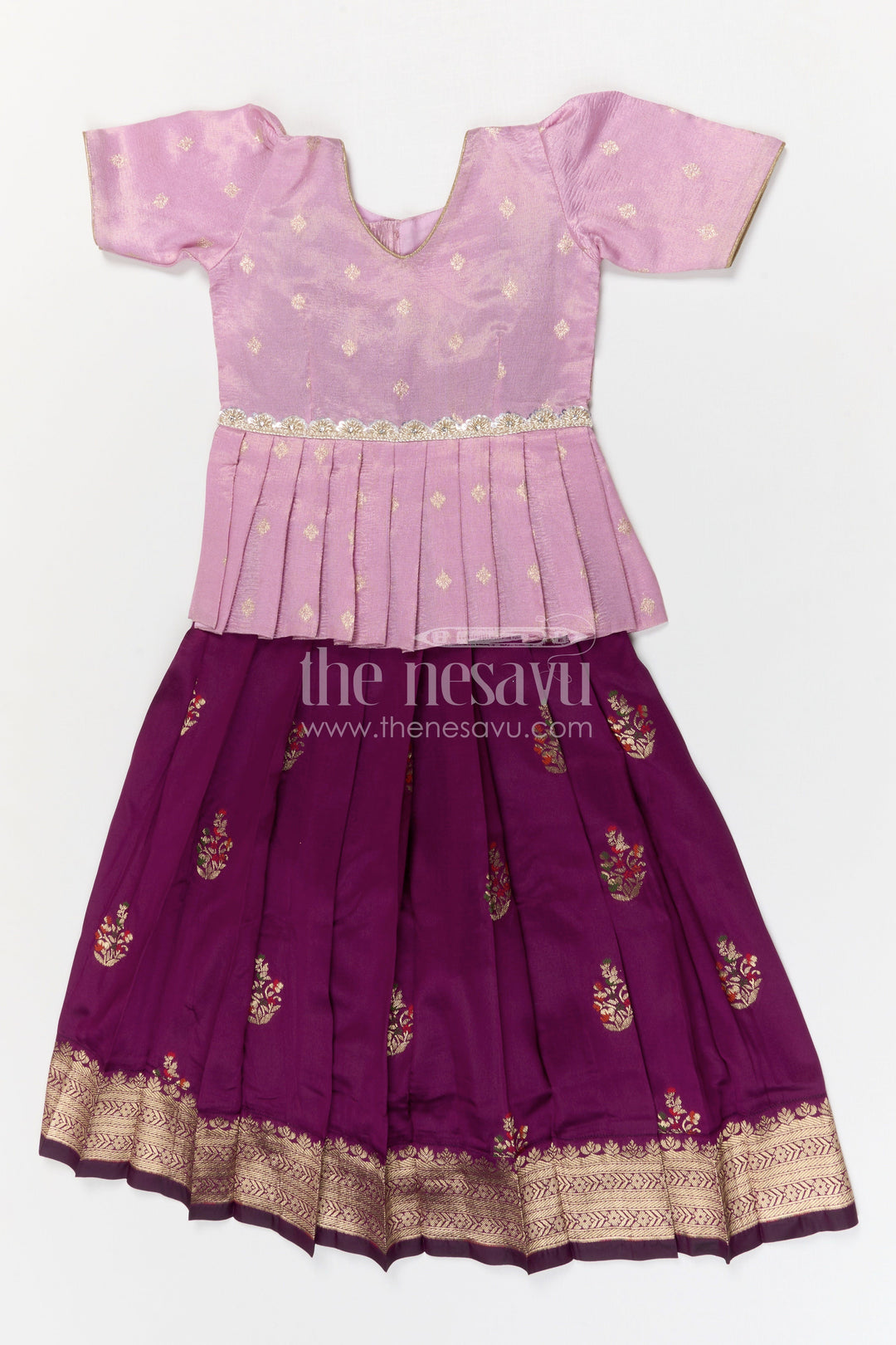 The Nesavu Pattu Pavadai Baby Girl Pattu Pavadai for Traditional Functions and Weddings Nesavu 20 (3Y) / Purple / Banarasi GPP373B-20 Nesavu baby girl pattu pavadai for weddings and festive occasions with Banaras art silk zari border