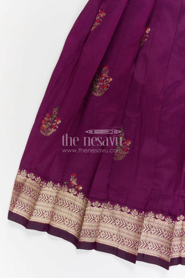 The Nesavu Pattu Pavadai Baby Girl Pattu Pavadai for Traditional Functions and Weddings Nesavu 20 (3Y) / Purple / Banarasi GPP373B-20 Nesavu baby girl pattu pavadai for weddings and festive occasions with Banaras art silk zari border