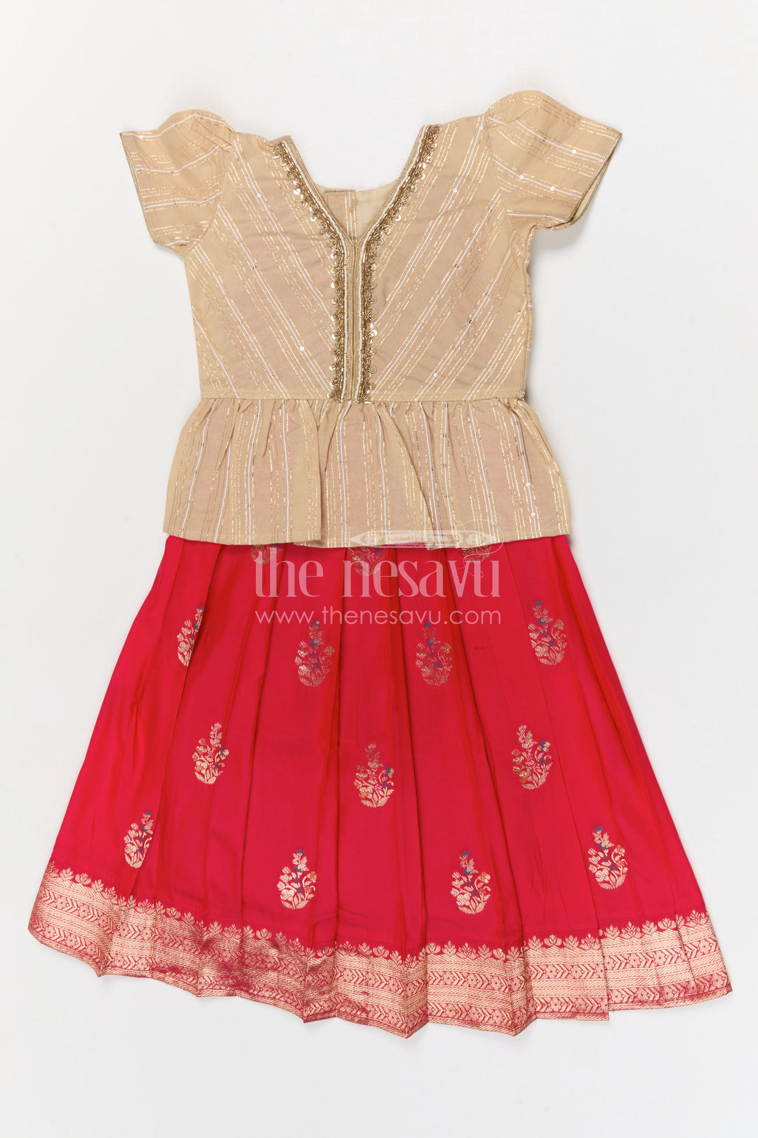 The Nesavu Pattu Pavadai Baby Girl Pattu Pavadai for Wedding and Festival Celebrations Nesavu 18 (2Y) / Red / Banarasi GPP372B-18 Nesavu baby girl pattu pavadai for weddings and festivals with Banaras art silk zari border