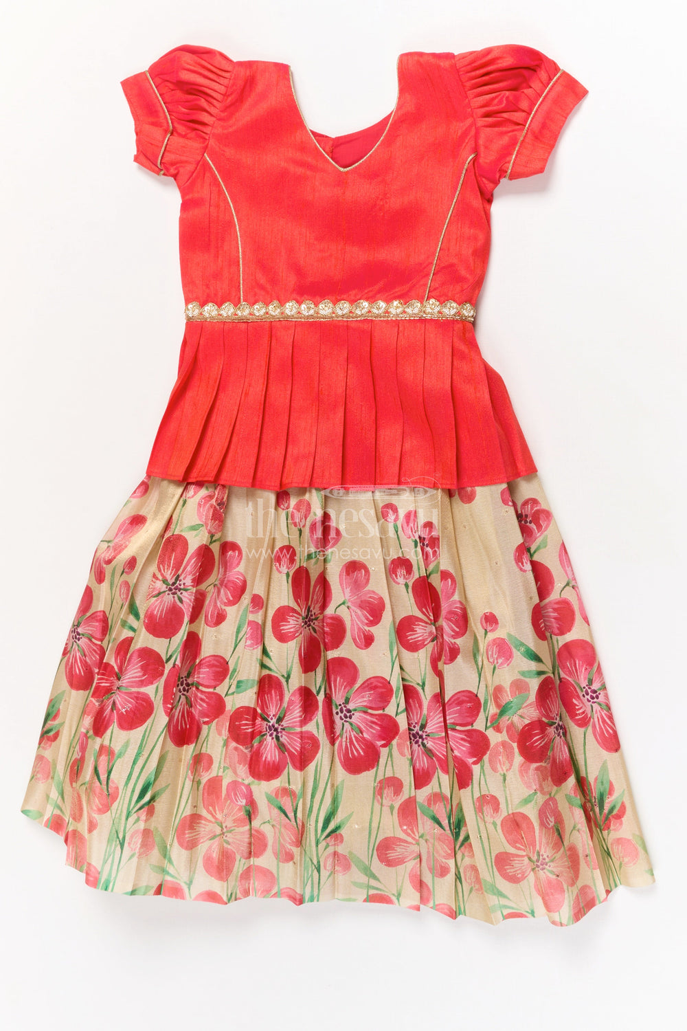 The Nesavu Pattu Pavadai Baby Girl Pattu Pavadai for Weddings and Festive Celebrations Nesavu 18 (2Y) / Red / Silk Blend GPP356A-18 Nesavu baby girl pattu pavadai with floral digital print skirt and pleated puff sleeve blouse