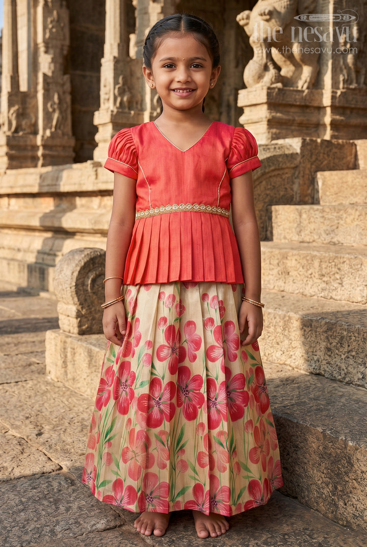 The Nesavu Pattu Pavadai Baby Girl Pattu Pavadai for Weddings and Festive Celebrations Nesavu 18 (2Y) / Red / Silk Blend GPP356A-18 Nesavu baby girl pattu pavadai with floral digital print skirt and pleated puff sleeve blouse